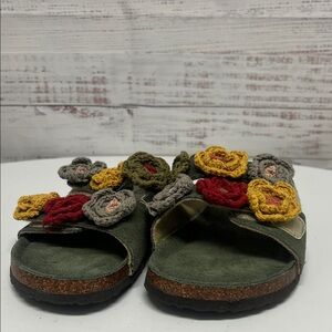 Never Worn! Crocheted Floral Embellished Adjustable Cork Sandals
